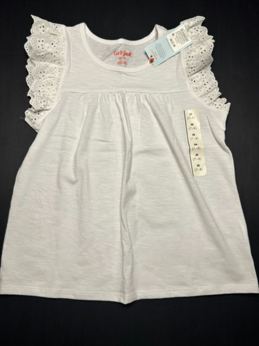 NWT Cat & Jack White Eyelet Ruffle Sleeve Top Girls Size M (7/8)
